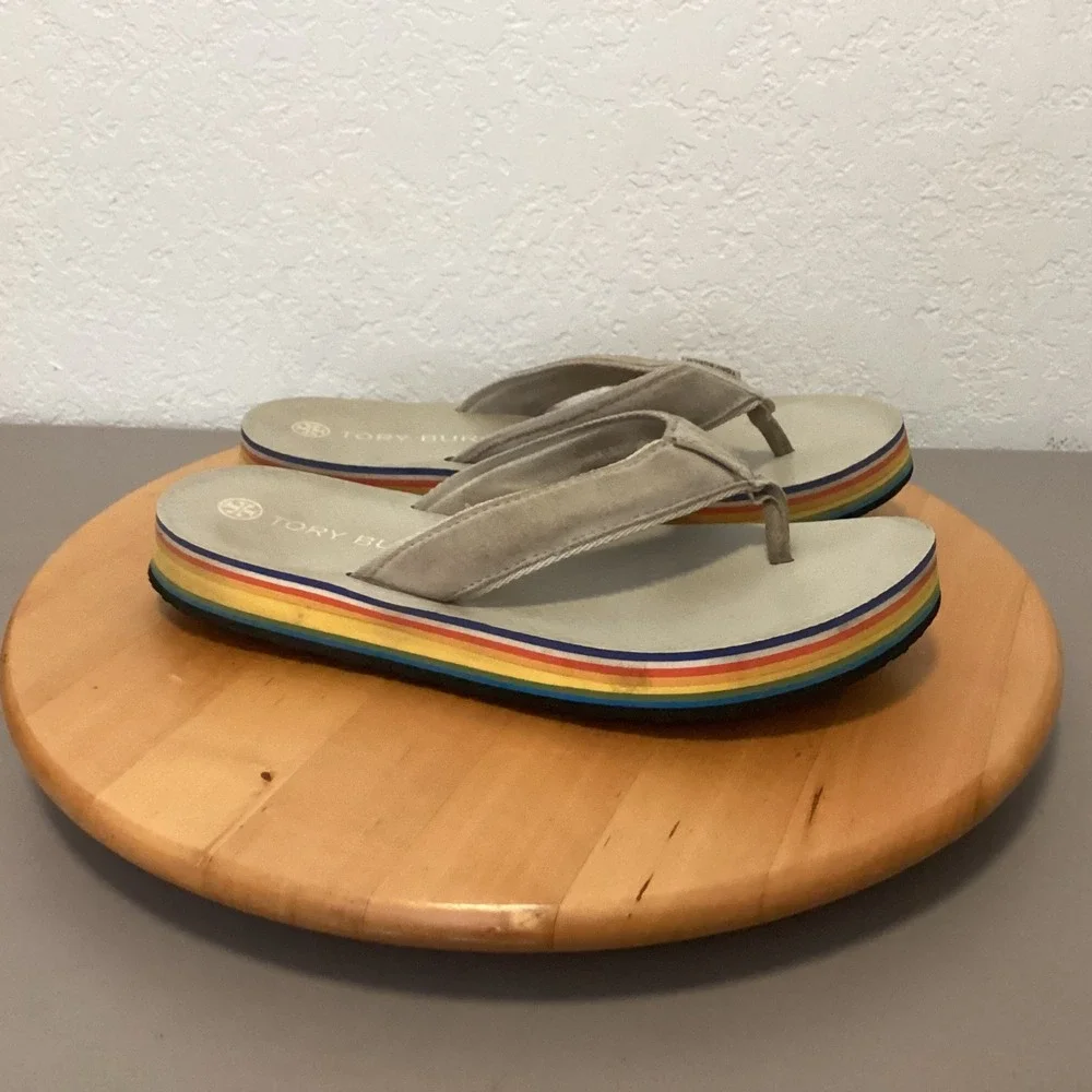Tory Burch 70s Low Platform Flip‎ Flops Womens 10 Tan Rainbow Stripe S Flatform